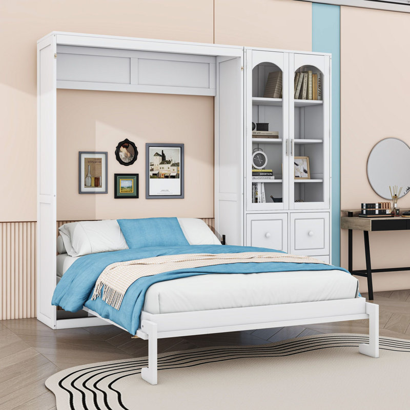 Grand lit escamotable avec armoire de rangement réversible peu encombrante et portes et tiroirs modernes en acrylique, Blanc