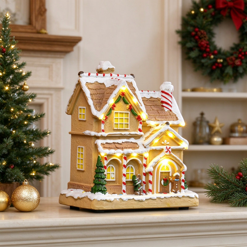 Light and Music Gingerbread House Christmas Decoration, Indoor Tabletop Home Mantel Holiday Display, Gingerbread House with Built in Lights and Christmas Music