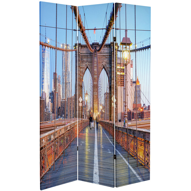 6 Ft. Tall Double Sided Black And White New York Bridge Canvas Room Divider, Colorful Landmarks