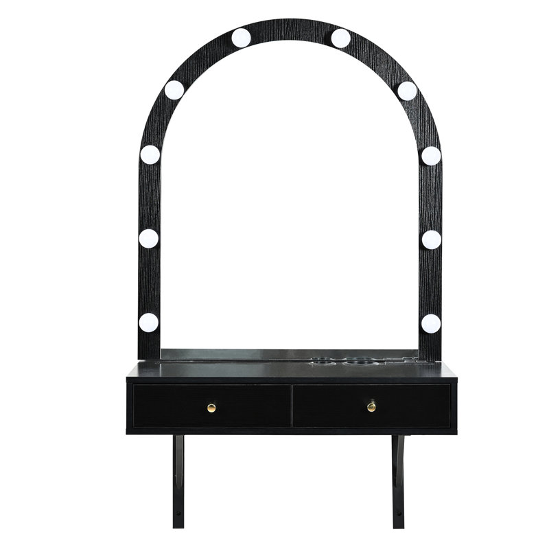 Floating Vanity Desk With 3-colour Lights Mirror & Power Outlet, Storage Area Wall Dressing Table Large Storage, Compact