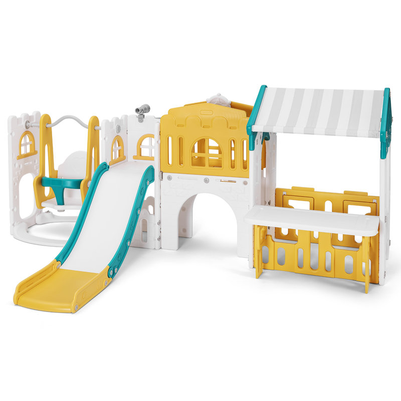 Joyldias 10 In 1 Toddler Slide With Swing, Kid Plastic Climber Slide With Play House, Green/Yellow