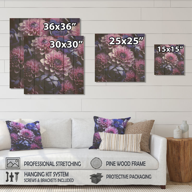 «Pink and Purple Mums Blooming Bouquet» - Impression de mamans sur bois, H 15 po x l 15 po