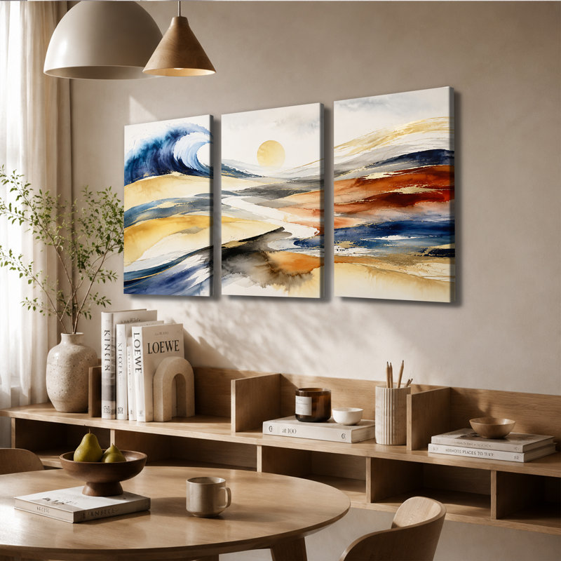 3 panneaux muraux abstraits Golden Wave Sunset, impression sur toile tendue à l'aquarelle, 28 * 40 pouces * 3