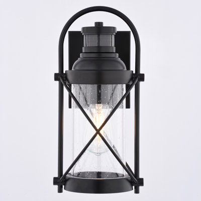 Westfield 13.5 in. H 1-Light Matte Black Motion Sensor Dusk to Dawn Outdoor Wall Light, Clear Seeded Glass Shade for Porch, Patio, Front Door or Garage