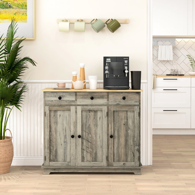 Kitchen Storage Cabinet - Gray, Solid Wood Countertop, 3 Drawers, Doors, Adjustable Shelf Modern Sideboard Ideal For Of Utensils, Napkins, Plates, Pots, Pans