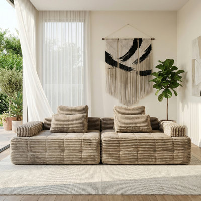 Living Room Khaki Couch – No Assembly Required Compression Couches Deep Seat Sofas, Modern Minimalist Corduroy Upholstery, 111" Modular Sectional Cloud Sofa