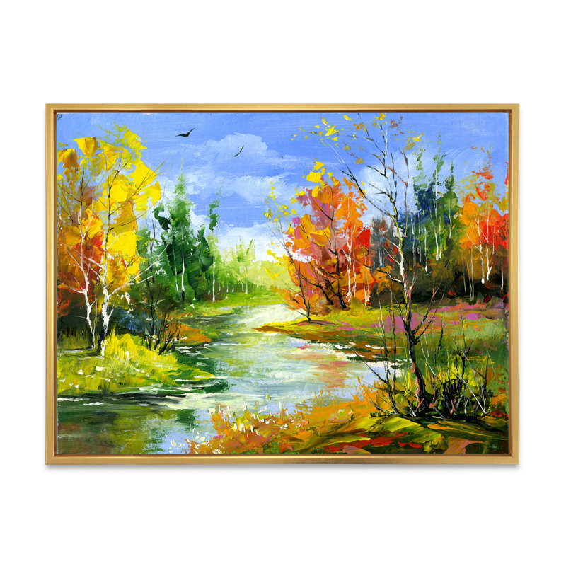 Paysage d'automne avec rivière sous un ciel bleu - peinture sur toile, H 24 po x l 32 po x P 1 po, Cadre flottant doré