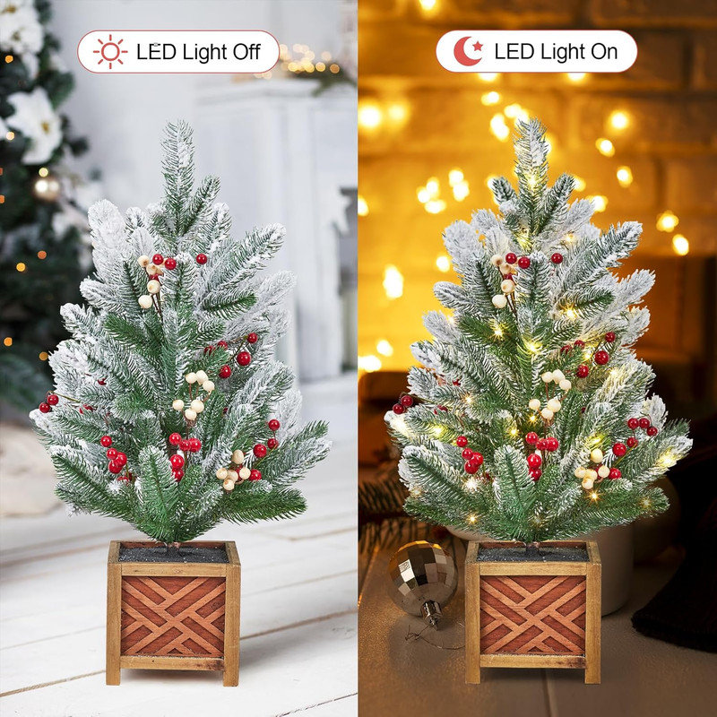 Mini sapin de Noël illuminé 24 pouces avec lumières, petit arbre de Noël artificiel vert givré