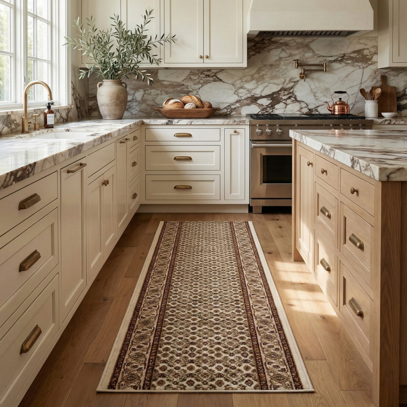 Rug Branch Faris 2' x 20' (2'3" x 20') Beige/Cream Persian Medallion Indoor Runner Rug, Traditional, Low Pile, Stain-Resistant Hallway Carpet - Entryway, Mudroom, Bedroom, and Kitchen