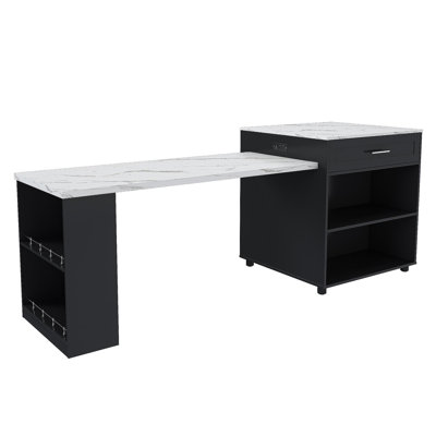 80-Inch Expandable Kitchen Island With Dining Table, Marble-Grain Countertop With Power Outlet, Mobile Storage Cart With Cabinet & 2 Drawers, Kitchen Prep Table (Black)