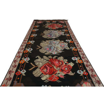 Tapis de couloir en laine noué à la main de conception unique noué à la main 1960 5 pi 9 po x 13 pi Tapis décoratif en noir/gris/rouge