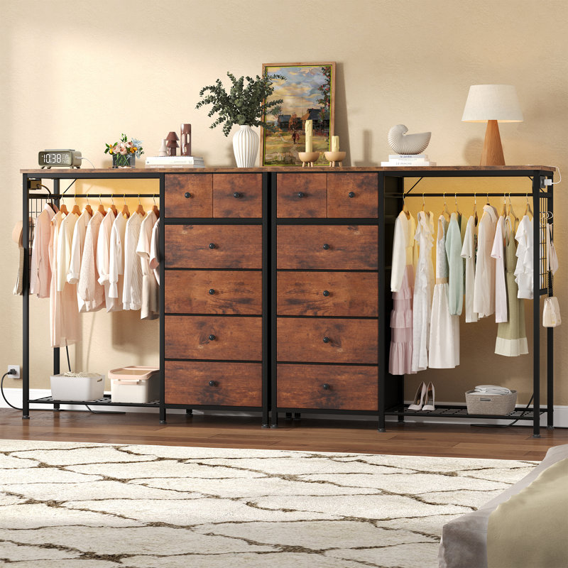 6-Drawer Storage Dresser with LED Lights, Hanging Rack & Charging Station, Rustic Brown