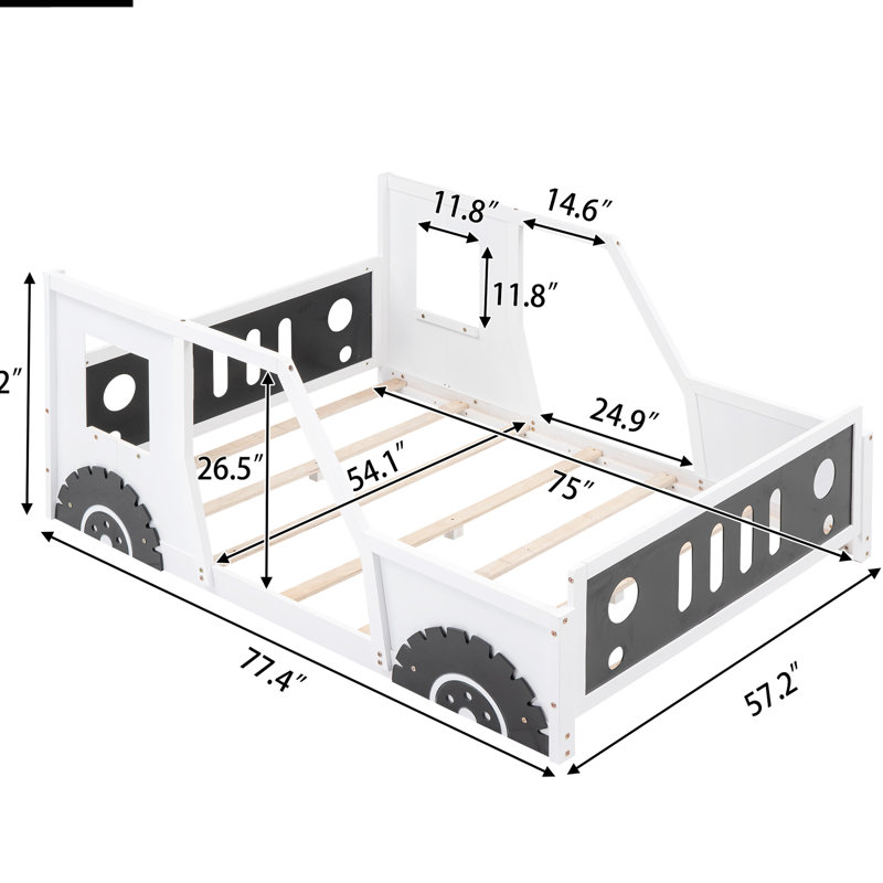 Lit plateforme blanc en forme de voiture avec roues, en bois de pin pleine grandeur et avec roulettes, Lit double, Blanc