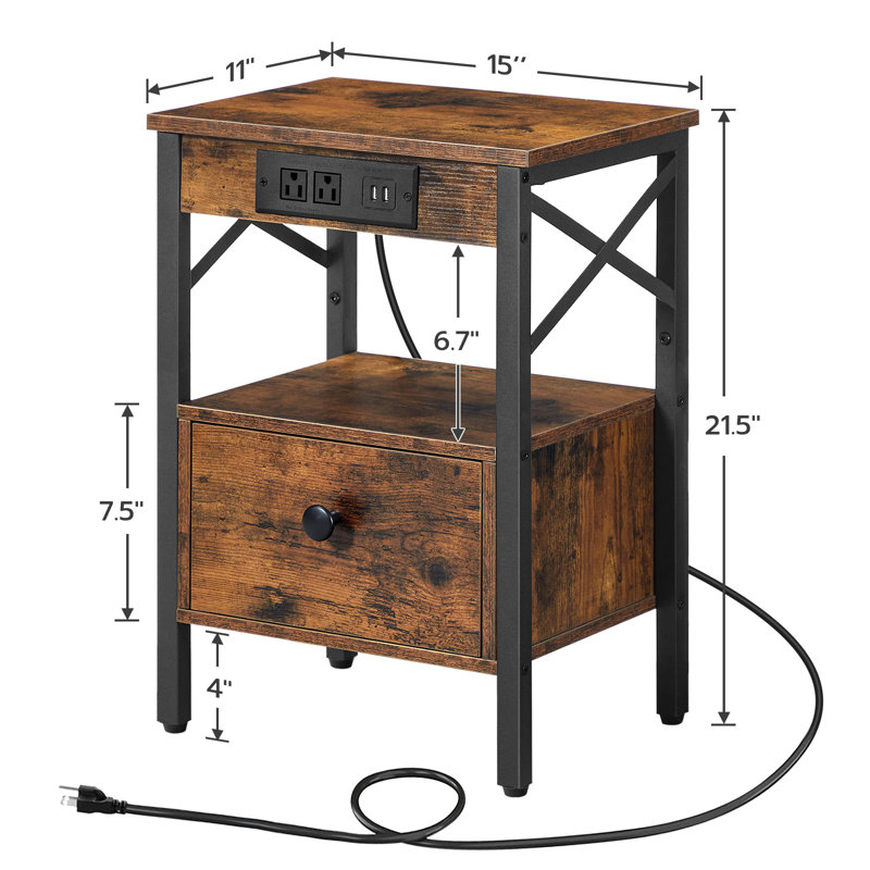 Table de chevet en fer 21,5 po avec rangement et prises intégrées, Brun rustique
