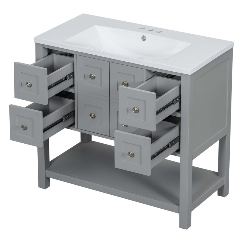 Meuble-lavabo de salle de bain avec lavabo encastré, 4 tiroirs et portes à fermeture douce, Gris