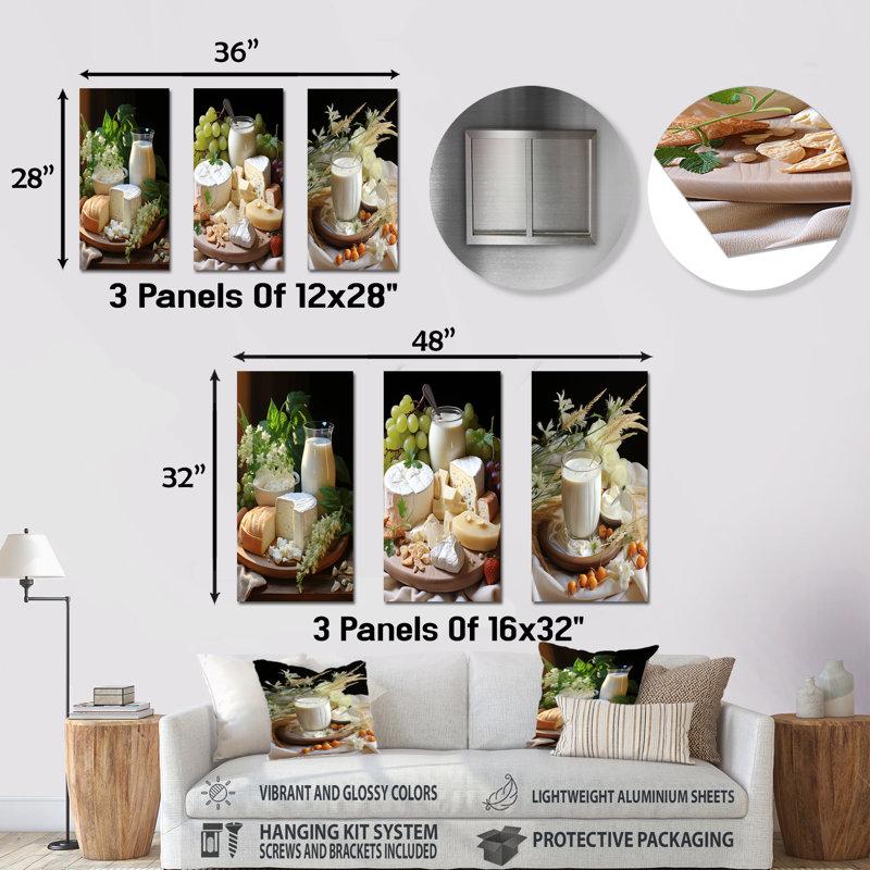 Milk and Cheese Creamy Serenity - ensemble de 3 reproductions d'art en métal laitier, H 32 po x l 48 po