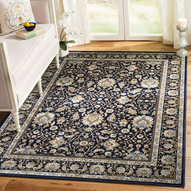 Tapis oriental en viscose de couleur ivoire / bleu marine Otterburn, Rectangle 4 pi x 5 pi 3 po
