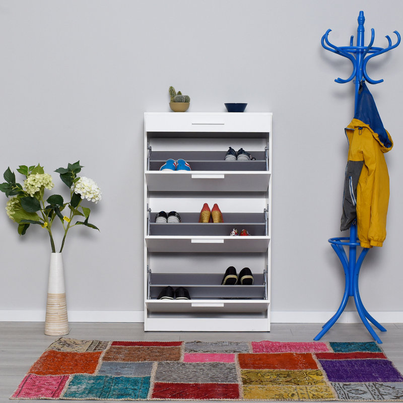 Armoire à chaussures moderne avec option de fixation murale, panneau de particules enduit de mélamine à 100%, 29,5 po x 50,4 po x 11,4 po | 1 tiroir + plusieurs tablettes, diamant élégant et finition blanche | Solution de rangement durable et élégante pour le vestibule