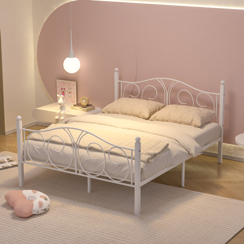 Queen Size Modern White Metal Platform Bed Frame with Headboard and Footboard, 12.6" Under Bed Storage, No Box Spring Needed,