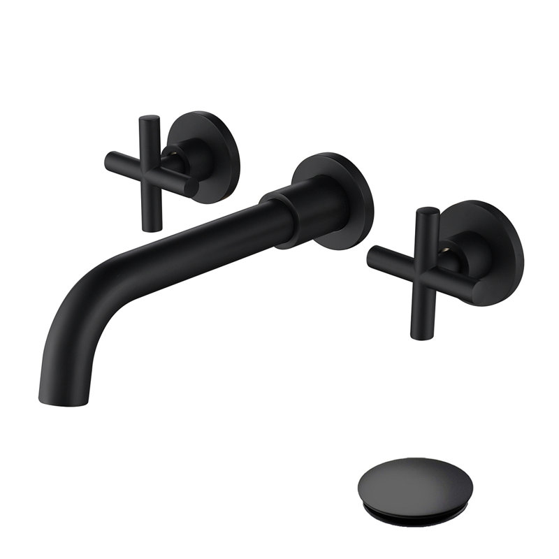 Wall Mounted Bathroom Sink Faucet With Pop-Up Drain (No Overflow), Matte Black