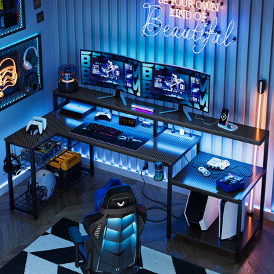 Bureau de jeu Minaya à DEL avec prise de courant, bureau d'ordinateur en L avec support pour écran