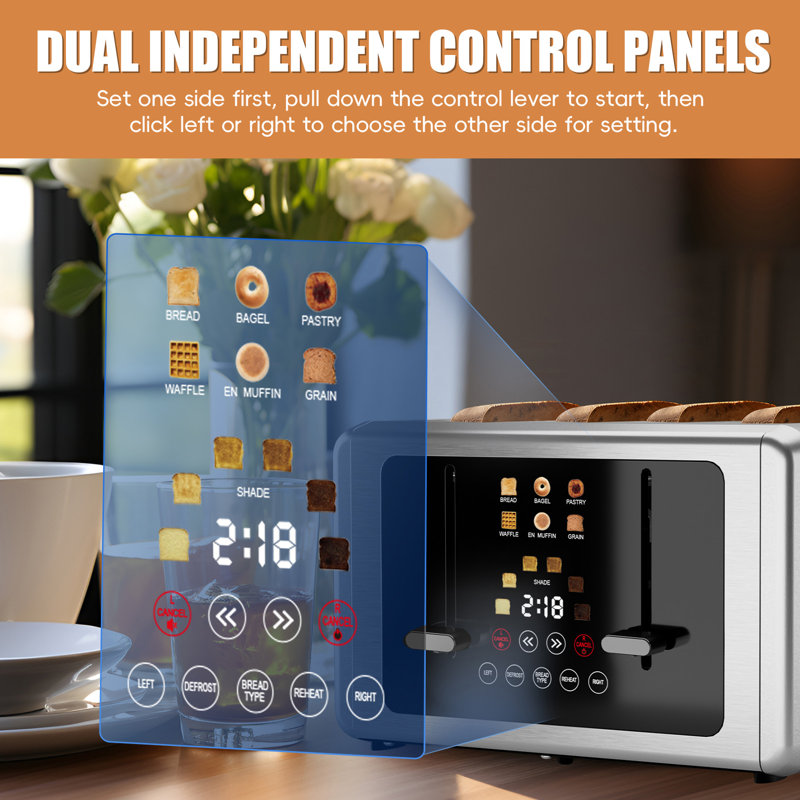 WHALL 4‑Slice Touchscreen Toaster, Digital Countdown Timer, 6 Bread Modes and Browning Shade Settings