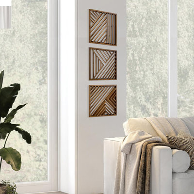 Wooden Geometric Home Wall Decor Slatted Wood Design Wall Sculpture，Set Of 3 Wood Wall Art Decorate，Boho Bathroom Bedroom Living Room Rustic Home Decoration