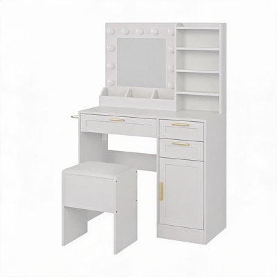 Vanity Desk with Lighted Mirror, Makeup Vanity with Charging Station, Cushioned Stool and 3 Drawers, White