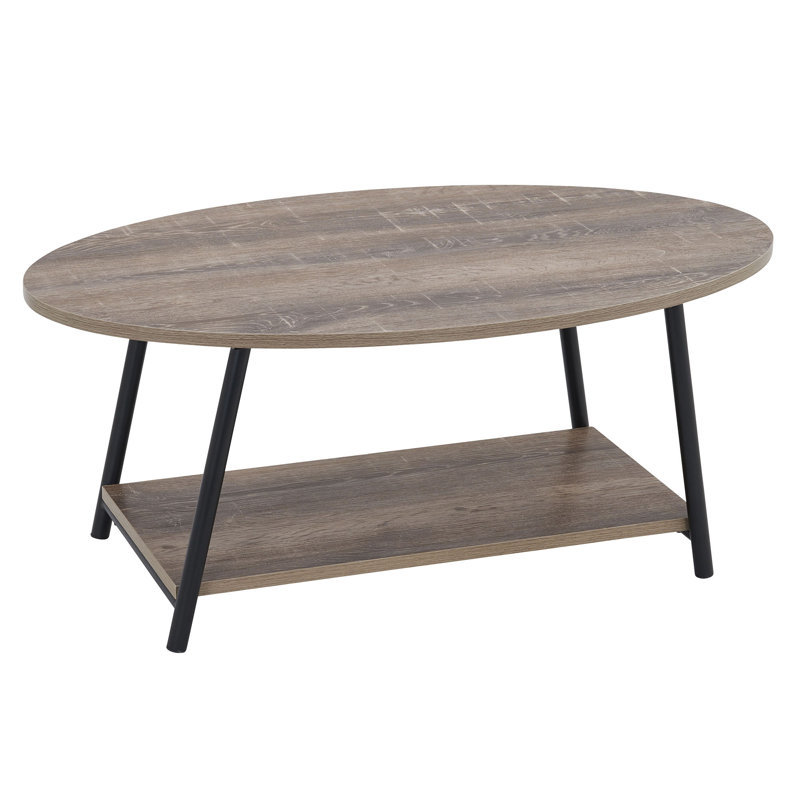 Jamestown Oval Coffee Table with Storage Shelf Ash Rustic Grain and Metal Frame, Ashwood