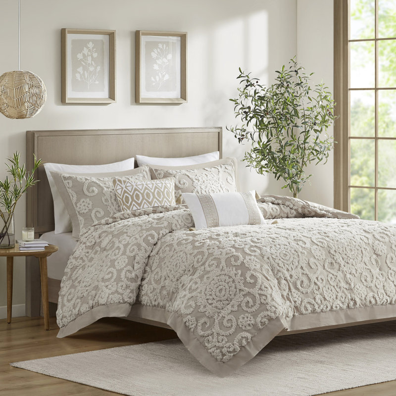 Édredon très grand en taupe, tissu 100% coton avec broderie chenille taupe et envoûtante, Taupe