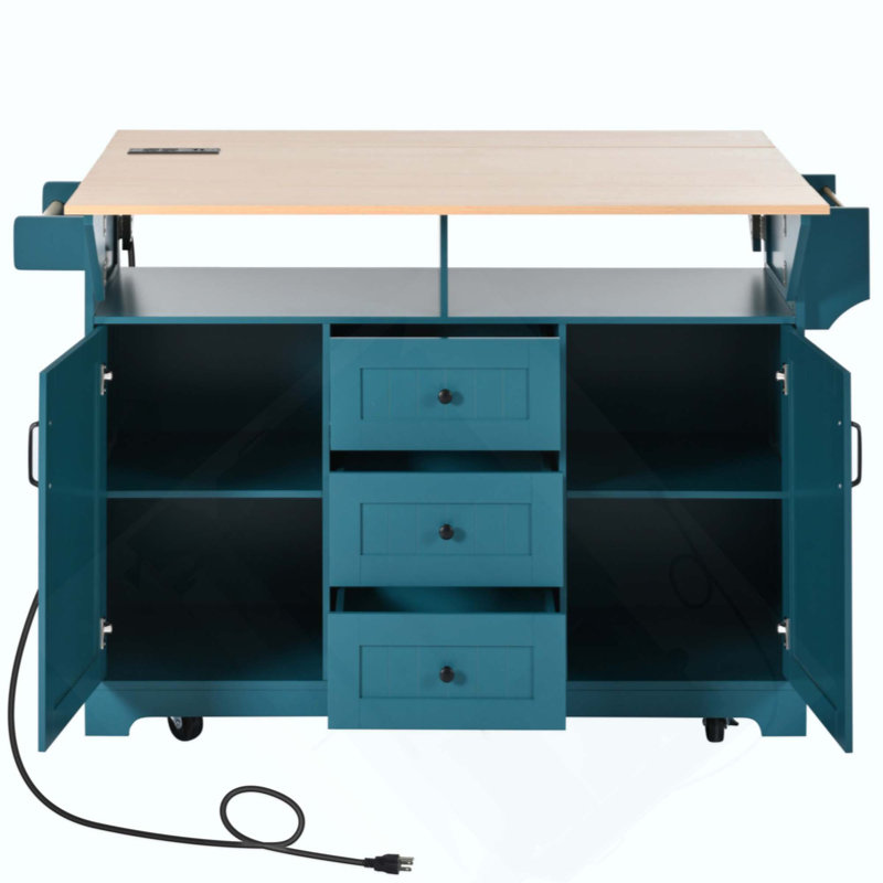Îlot de cuisine pliable à abattant avec prise de courant, îlot de cuisine mobile avec tiroirs de rangement et 5 roues verrouillables pour la salle à manger