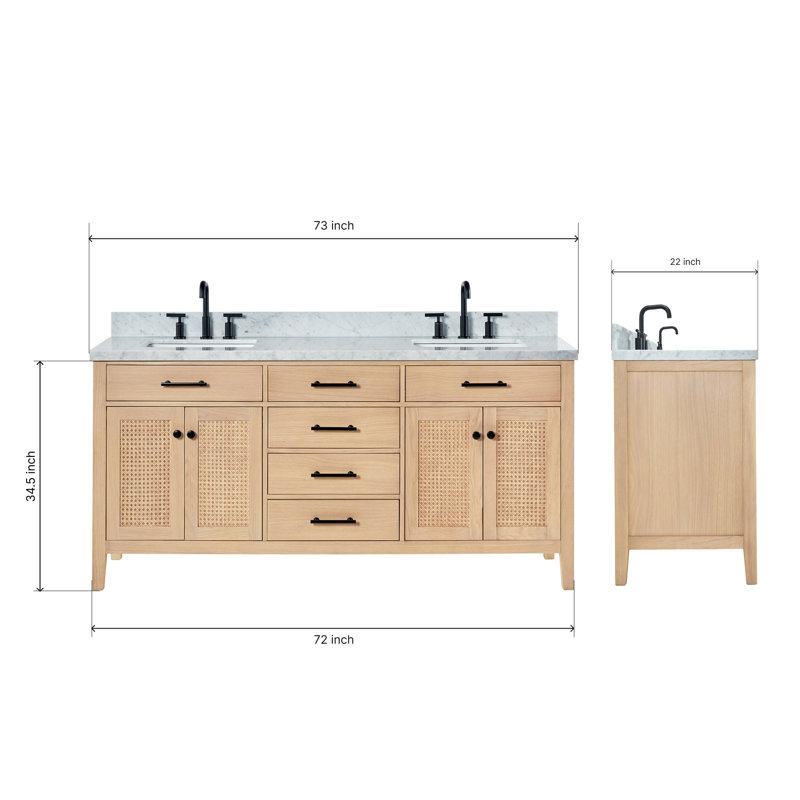 ARIEL Camila 73 Double Sink Bathroom Vanity with Italian Carrara Marble Top, Rectangular