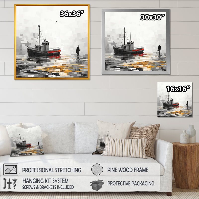 Bateau gris I, bateau côtier, art mural, Toile tendue, 36" H x 36" W