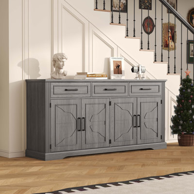 66 Inch Modern Farmhouse Sideboard Buffet Cabinet, 3 Embossed Drawers & 4 Storage Doors with Adjustable Interior Shelves, Credenza Storage Cabinet for Dining Room, Black Gray