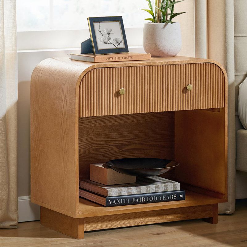Table de bout simple à 1 tiroir cannelé avec tiroir de rangement moderne Melisa, Chêne
