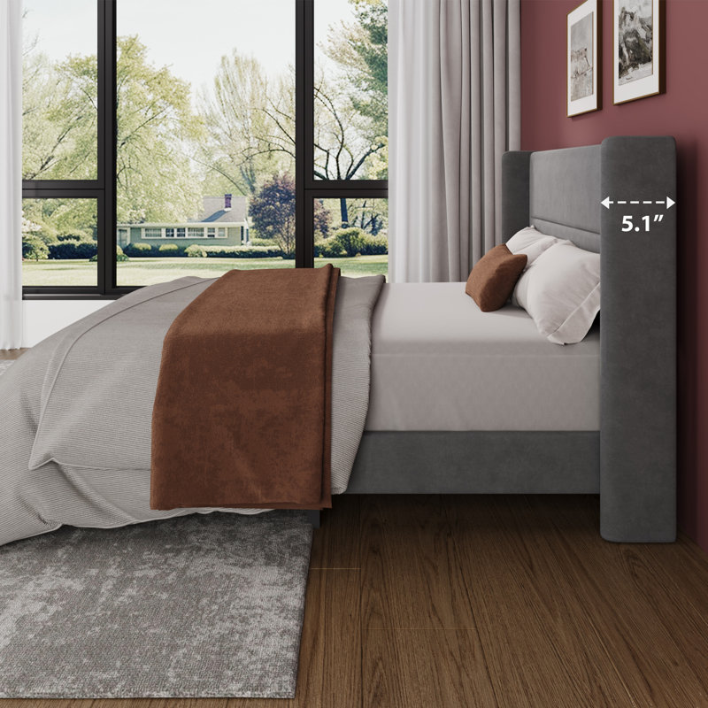 Full Size Bed Frame with Wingback Headboard, Velvet Upholstered Platform Bedframe with Wood Slats, No Box Spring Needed, Easy Assembly, Grey