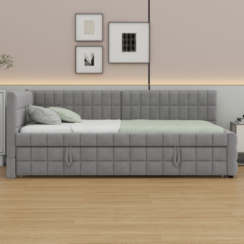 Lit de jour rembourré en L avec couchette escamotable et ports USB, Gris
