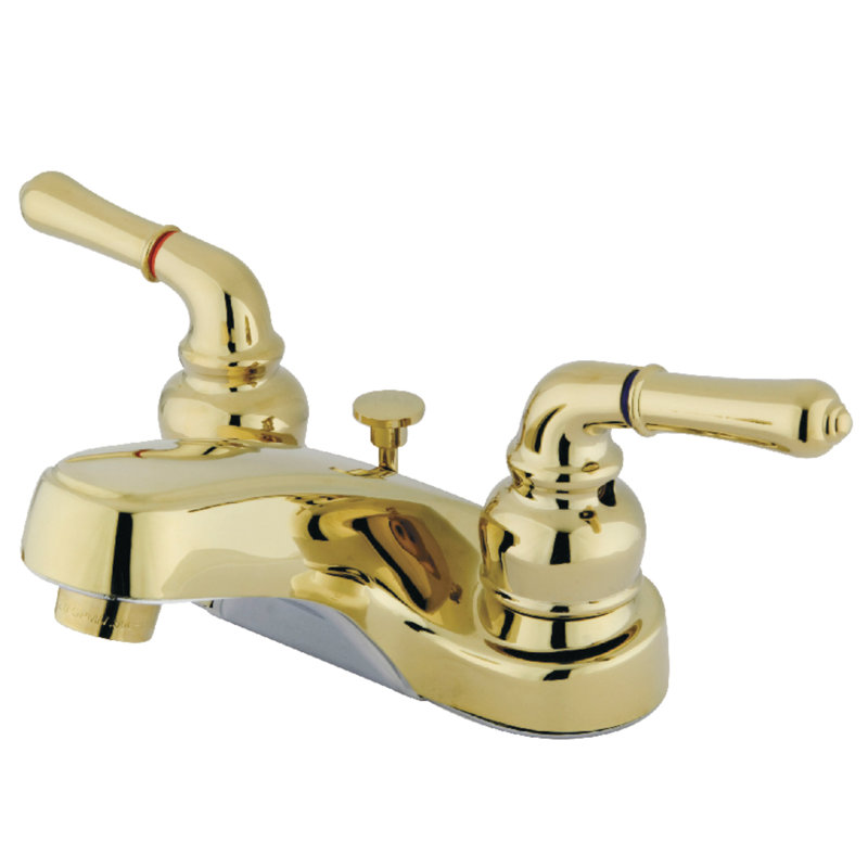 Kingston Brass Magellan Two-Handle 3-Hole Deck Mount 4" Centerset Bathroom Faucet with Plastic Pop-Up, Polished Brass