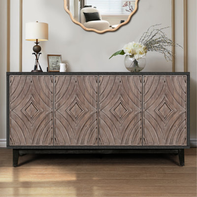 Mid Century Sideboard Buffet Cabinet With Solid Wood Legs 60" Kitchen Storage Cabinet Credenza With 4 Convex Pattern Diamond Doors And 2 Shelves Accent Console Table For Living Room Entrance Hall Etc