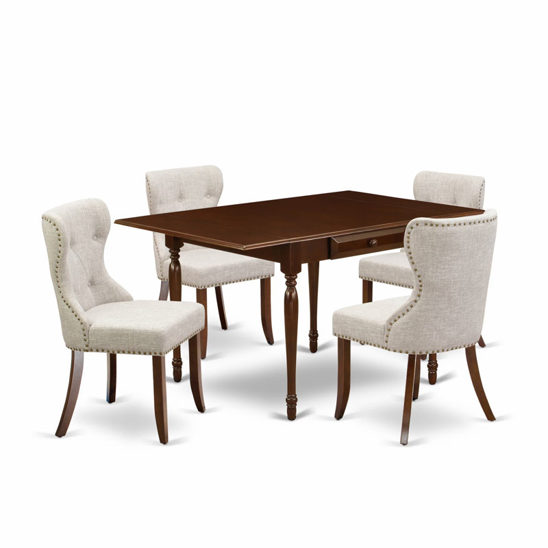 L'ensemble de mobilier de salle à manger 5 pièces comprend une table de salle à manger rectangulaire avec Dropleaf et 4 chaises Parsons en toile de lin, acajou