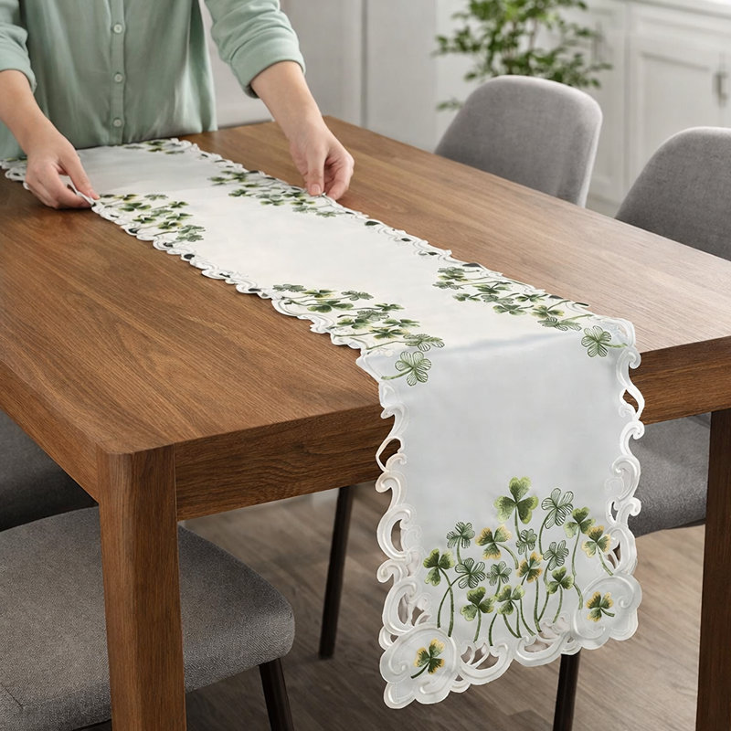 Lace Table Runner with Green Clover Embroidery for Dining Table and Modern Christmas Decor Styling