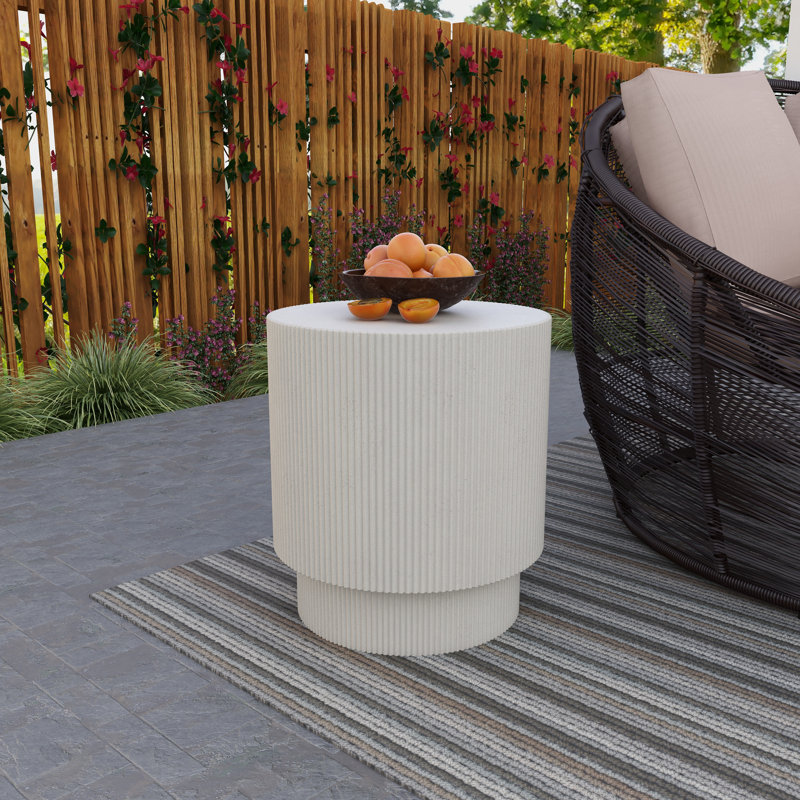 Biddlesden 14" Round Fiberstone Side Table with Ribbed Design – Indoor/Outdoor Accent Table for Patio, Living Room, or Bedroom