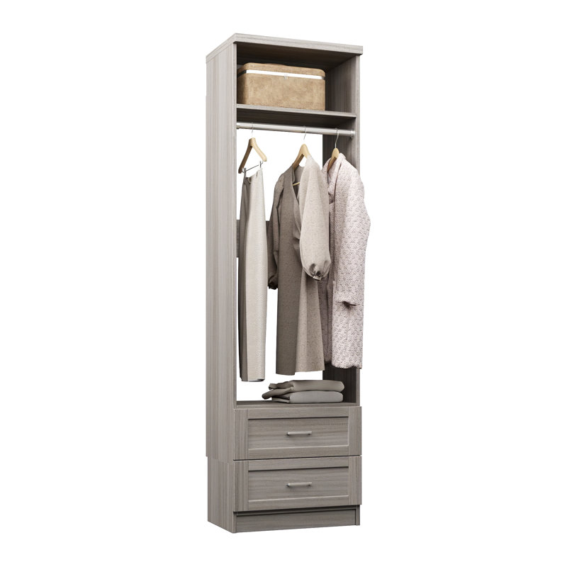 Grey Oak 19.5" Floor-Mounted Closet Section with 1 Clothing Rod, 1 Shelf & 2 Shaker Drawers, 19.5, Grey Oak
