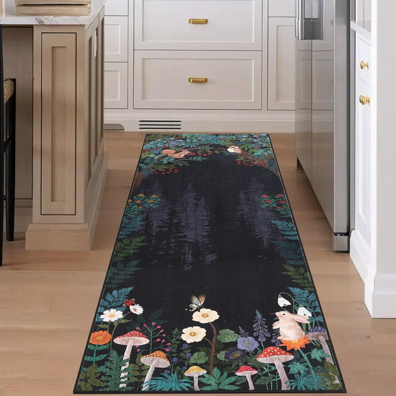 2x6 Washable Kitchen Rug, Non-Slip Jungle Animal Print, Low Pile, Stain-Resistant for Hallway, Entryway, Bathroom, Black