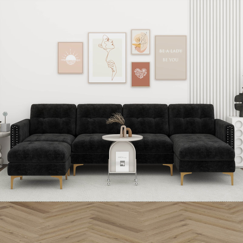 110" L-Shape Convertible Sectional Sofa Couch With Movable Ottoman, Convenient Storage Pockets, Velvet Upholstery Sofa, Black