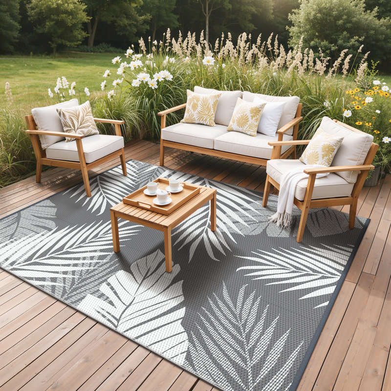 Tapis d'extérieur réversible Shimeek, tapis d'extérieur imperméable en plastique, Gris / Blanc, Rectangulaire 8 pi x 10 pi