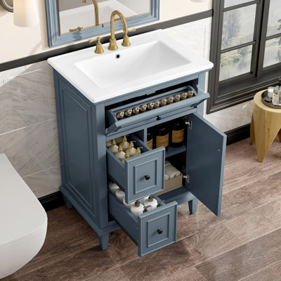 Meuble-lavabo avec lavabo, meuble sur pied avec tiroir abattant et deux tiroirs, tablette ajustable, pattes et structure en bois massif