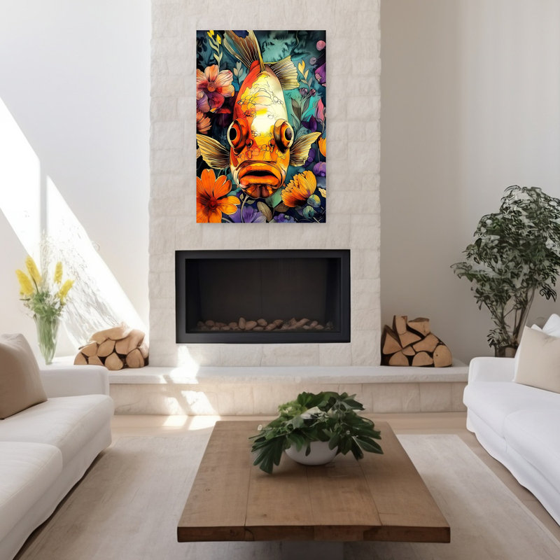 «Vibrant Floral Koi Contemporary Fish Flower», art mural, 48" H x 32" W