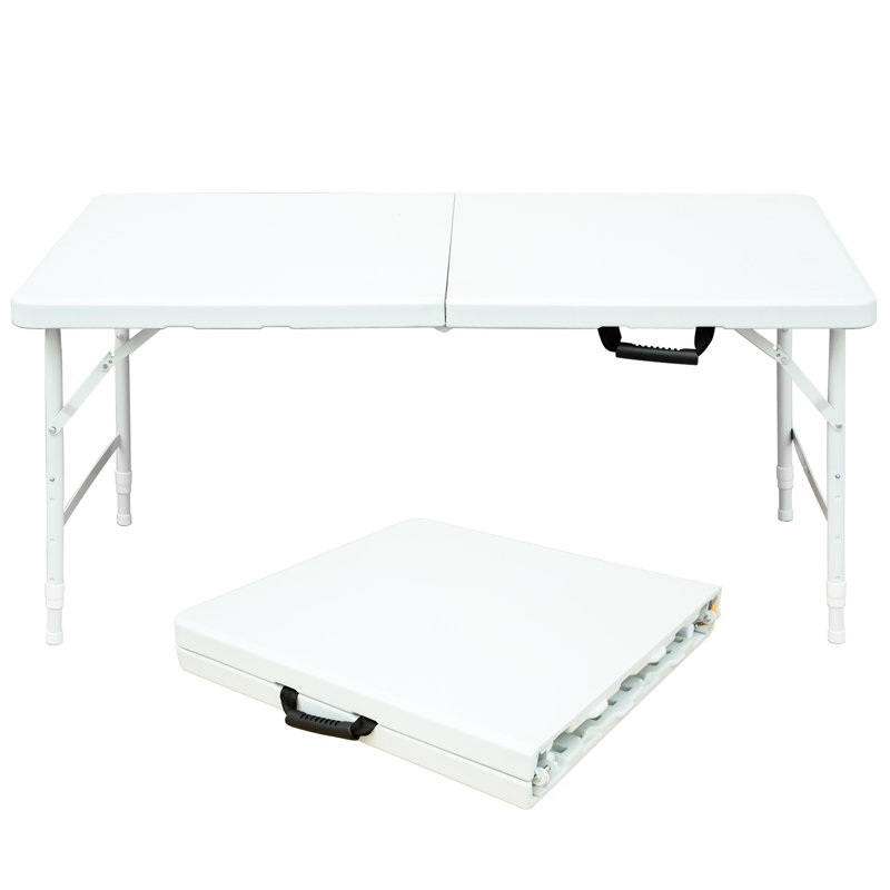 4Ft Portable Folding Camping Table, White, Indoor And Outdoor Inspecting, 135Kg Max Weight Interrupting Capacity, Foldable With Fixed Holding Tool, Smooth Waterproof Tabletop Space, Stable Triangular
