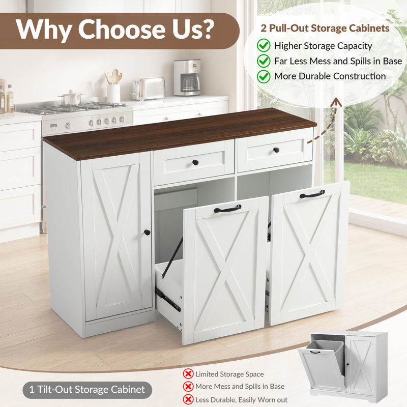 Double Kitchen Hidden Trash Can Cabinet With Storage, 25 Gallon Large Pull Out Garbage Can Cabinets With 2 Drawers, Dual Dog Proof Recycling Cabinet For Kitchen, Dining & Living Room, White